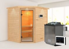 38mm Massivholzsauna MIA  (Eckeinstieg) / bronzierte Tür / inkl. Dachkranz / Ofen 4,5 kW Bio externe Strg easy