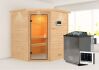 38mm Massivholzsauna MIA  (Eckeinstieg) / bronzierte Tür / inkl. Dachkranz / Ofen 4,5 kW Bio externe Strg easy