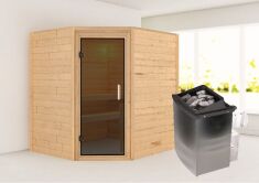 38mm Massivholzsauna MIA  (Eckeinstieg) / graphit Tür / kein Dachkranz / Ofen 4,5 kW integr. Strg