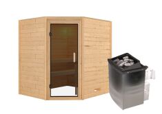 38mm Massivholzsauna MIA  (Eckeinstieg) / graphit Tür / kein Dachkranz / Ofen 4,5 kW integr. Strg