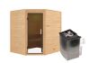 38mm Massivholzsauna MIA  (Eckeinstieg) / graphit Tür / kein Dachkranz / Ofen 4,5 kW integr. Strg