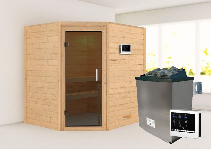 38mm Massivholzsauna MIA  (Eckeinstieg) / graphit Tür / kein Dachkranz / Ofen 4,5 KW externe Strg easy