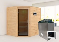 38mm Massivholzsauna MIA  (Eckeinstieg) / graphit Tür / kein Dachkranz / Ofen 4,5 KW externe Strg easy