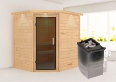 38mm Massivholzsauna MIA  (Eckeinstieg) / graphit Tür / inkl. Dachkranz / Ofen 4,5 kW integr. Strg