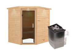 38mm Massivholzsauna MIA  (Eckeinstieg) / graphit Tür / inkl. Dachkranz / Ofen 4,5 kW integr. Strg