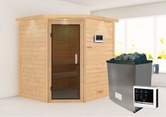 38mm Massivholzsauna MIA  (Eckeinstieg) / graphit Tür / inkl. Dachkranz / Ofen 4,5 KW externe Strg easy