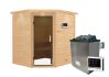38mm Massivholzsauna MIA  (Eckeinstieg) / graphit Tür / inkl. Dachkranz / Ofen 4,5 KW externe Strg easy
