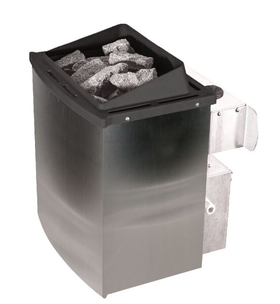 38mm Massivholzsauna MIA  (Eckeinstieg) / klarglas Tür / kein Dachkranz / Ofen 4,5 kW integr. Strg