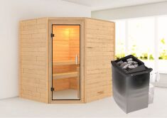 38mm Massivholzsauna MIA  (Eckeinstieg) / klarglas Tür / kein Dachkranz / Ofen 4,5 kW integr. Strg