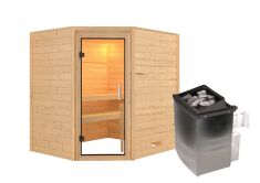 38mm Massivholzsauna MIA  (Eckeinstieg) / klarglas Tür / kein Dachkranz / Ofen 4,5 kW integr. Strg