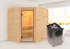 38mm Massivholzsauna MIA  (Eckeinstieg) / klarglas Tür / kein Dachkranz / Ofen 4,5 kW integr. Strg