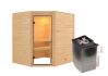38mm Massivholzsauna MIA  (Eckeinstieg) / klarglas Tür / kein Dachkranz / Ofen 4,5 kW integr. Strg
