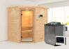 38mm Massivholzsauna MIA  (Eckeinstieg) / klarglas Tür / inkl. Dachkranz / Ofen 4,5 kW Bio externe Strg easy