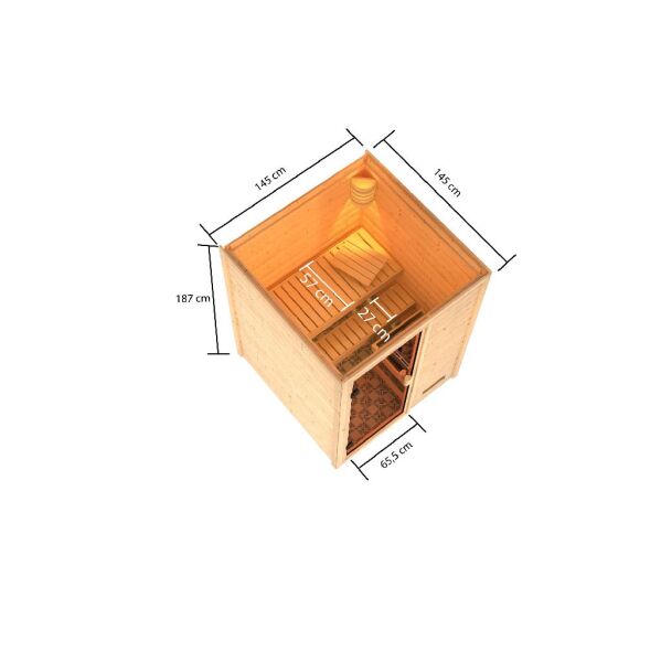 38mm Massivholzsauna SANDRA (Fronteinstieg) / kein Dachkranz / Ofen 4,5 kW externe Strg.easy