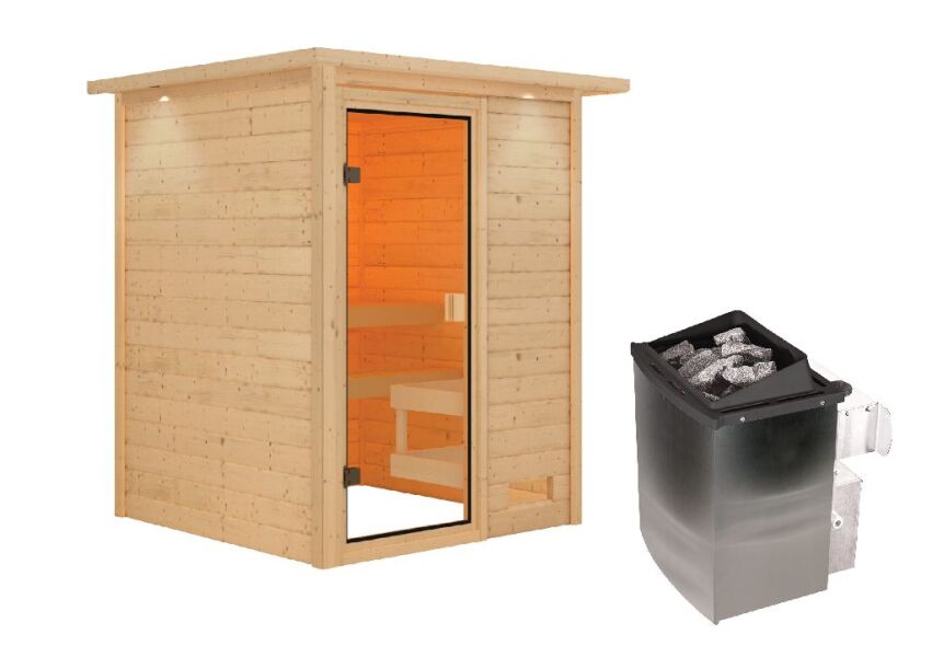 38mm Massivholzsauna SANDRA (Fronteinstieg) / inkl. Dachkranz / Ofen 4,5 kW intgr. Strg
