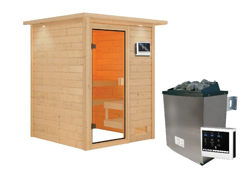 38mm Massivholzsauna SANDRA (Fronteinstieg) / inkl. Dachkranz / Ofen 4,5 kW externe Strg.easy