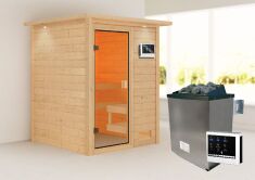 38mm Massivholzsauna SANDRA (Fronteinstieg) / inkl. Dachkranz / Ofen 4,5 kW externe Strg.easy