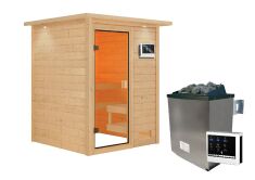 38mm Massivholzsauna SANDRA (Fronteinstieg) / inkl. Dachkranz / Ofen 4,5 kW externe Strg.easy