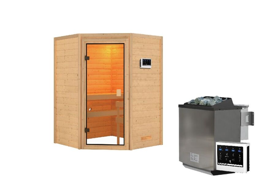 38mm Massivholzsauna ANTONIA (Eckeinstieg) / kein Dachkranz / Ofen 4,5 kW Bio-Ofen externe Strg. easy