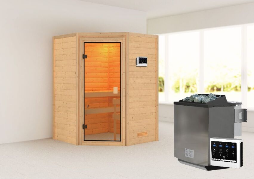 38mm Massivholzsauna ANTONIA (Eckeinstieg) / kein Dachkranz / Ofen 4,5 kW Bio-Ofen externe Strg. easy