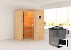 38mm Massivholzsauna ANTONIA (Eckeinstieg) / kein Dachkranz / Ofen 4,5 kW Bio-Ofen externe Strg. easy