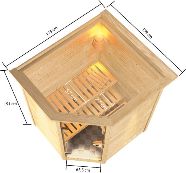 38mm Massivholzsauna ANTONIA (Eckeinstieg) / inkl. Dachkranz / Ofen 4,5 kW intgr. Strg