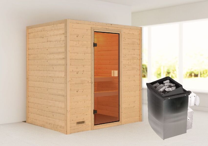 38mm Massivholzsauna SELENA (Fronteinstieg) / kein Dachkranz / Ofen 4,5 kW intgr. Strg