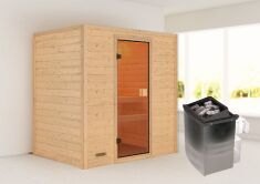 38mm Massivholzsauna SELENA (Fronteinstieg) / kein Dachkranz / Ofen 4,5 kW intgr. Strg