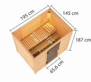 38mm Massivholzsauna SELENA (Fronteinstieg) / kein Dachkranz / Ofen 4,5 kW intgr. Strg