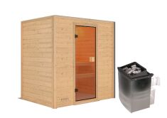 38mm Massivholzsauna SELENA (Fronteinstieg) / kein Dachkranz / Ofen 4,5 kW intgr. Strg