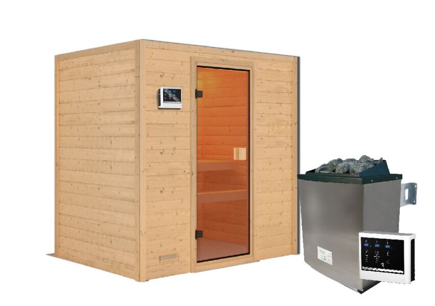 38mm Massivholzsauna SELENA (Fronteinstieg) / kein Dachkranz / Ofen 4,5 kW externe Strg.easy