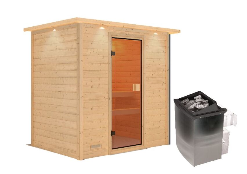 38mm Massivholzsauna SELENA (Fronteinstieg) / inkl. Dachkranz / Ofen 4,5 kW intgr. Strg