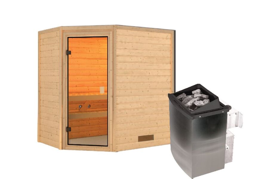 38mm Massivholzsauna JELLA (Eckeinstieg) / kein Dachkranz / Ofen 4,5 kW intgr. Strg