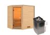 38mm Massivholzsauna JELLA (Eckeinstieg) / kein Dachkranz / Ofen 4,5 kW intgr. Strg