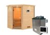 38mm Massivholzsauna JELLA (Eckeinstieg) / inkl. Dachkranz / Ofen 4,5 kW externe Strg.easy
