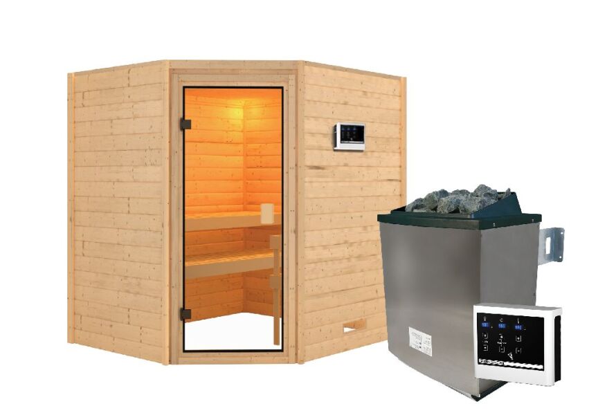 38mm Massivholzsauna ELEA (Eckeinstieg)  / kein Dachkranz / Ofen 4,5 KW externe Strg easy