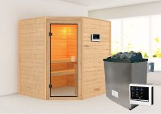 38mm Massivholzsauna ELEA (Eckeinstieg)  / kein Dachkranz / Ofen 4,5 KW externe Strg easy