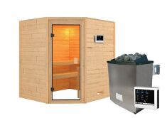 38mm Massivholzsauna ELEA (Eckeinstieg)  / kein Dachkranz / Ofen 4,5 KW externe Strg easy