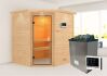 38mm Massivholzsauna ELEA (Eckeinstieg)  / inkl. Dachkranz / Ofen 4,5 KW externe Strg easy