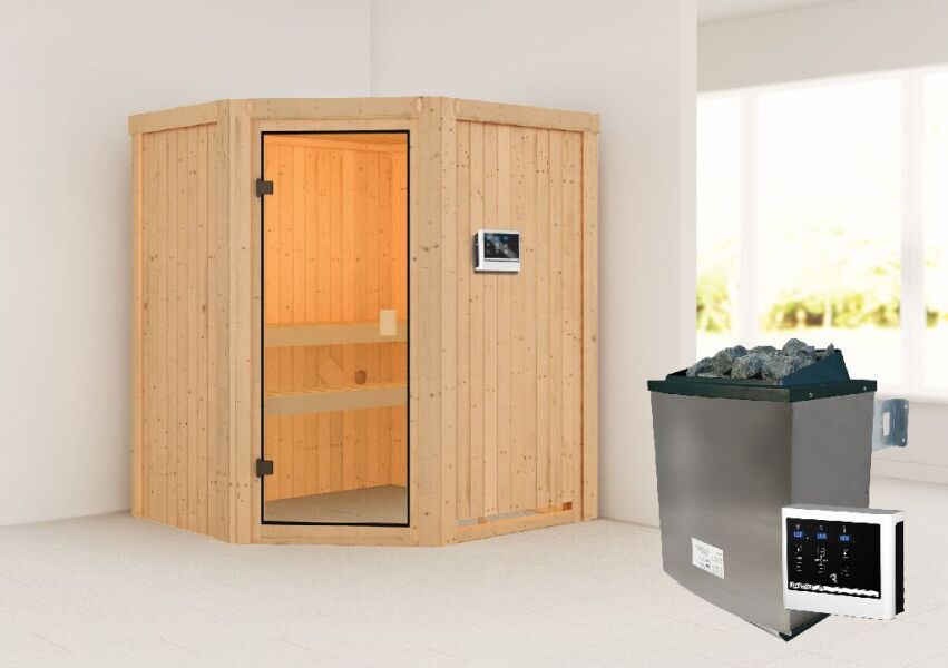 68mm Elementsauna FAURIN (Eckeinstieg)  / kein Dachkranz / Ofen 4,5 KW externe Strg easy