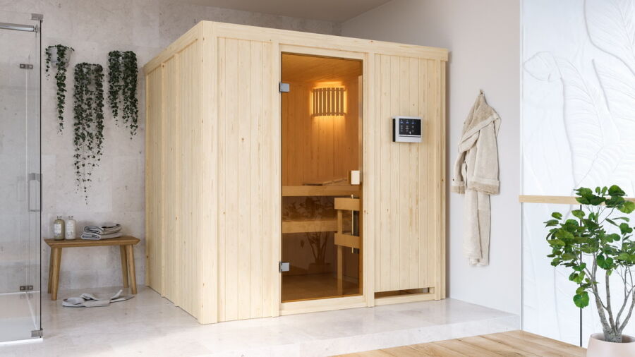 68mm Elementsauna TROMSÖ (Fronteinstieg) / kein Dachkranz / Ofen 4,5 KW externe Strg easy