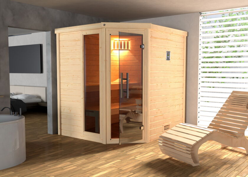 WEKA 45mm Premium Massivholzsauna TURKU 1 Glastür + Fenster Sparset OS-Ofen