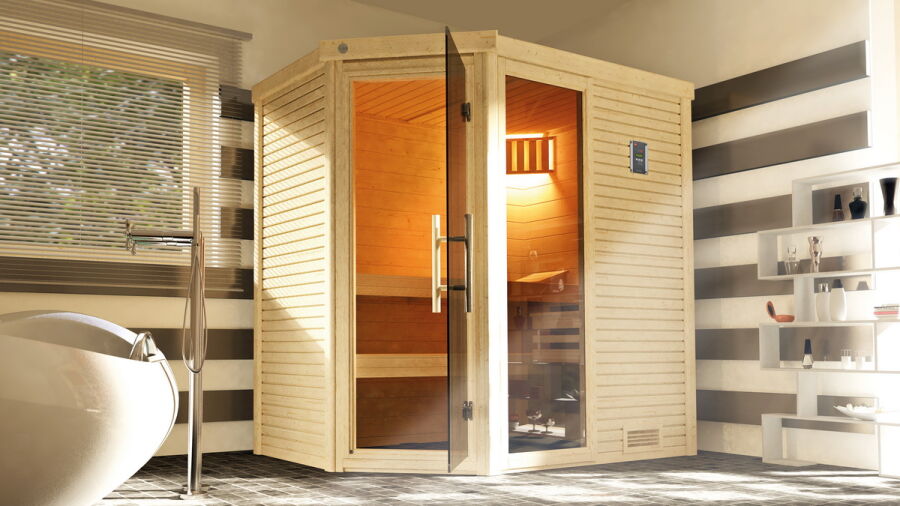 WEKA 45mm Premium - Design Massivholzsauna CUBILIS ECK Gr.1, All-In Sparset inkl. Montage