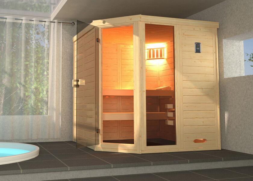WEKA 38mm Massivholz-Elementsauna 38 mm LAUKKALA 2 Glastür + Fenster + Saunaleuchte