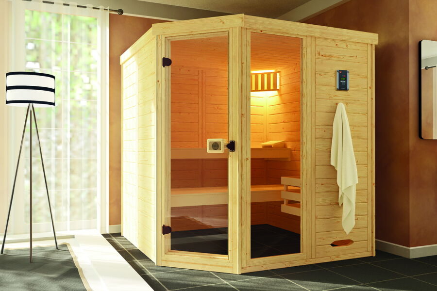 WEKA 38mm Massivholz-Elementsauna 38 mm LAUKKALA 3 Glastür + Fenster + Saunaleuchte