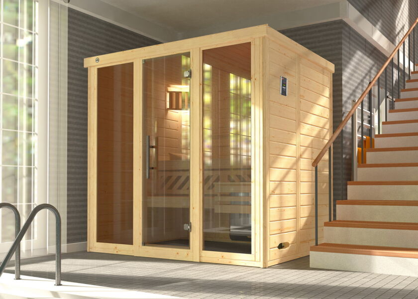 Weka 45mm Premium Design Massivholz-Elementsauna KEMI PANORAMA 2 7,5 BioS-Ofen 7,5kW