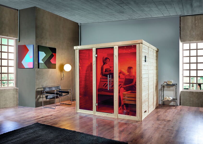 4004581506902 - Weka Massivholz-Elementsauna Kemi Panorama 3 BIO OS Ofen 2 Fenstern und Saunaofen