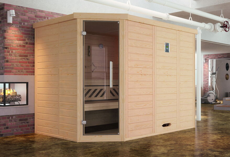 Weka 45mm Premium Design Massivholz-Elementsauna KEMI Eck 2 Glastür