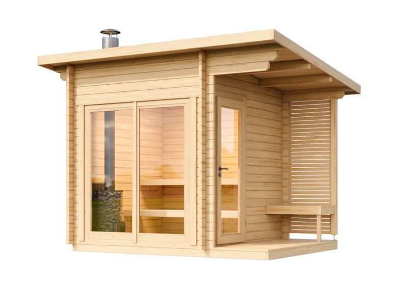 Leil® Saunahaus HALMAR 3 PLUS 300 x228 cm; 40mm Doppelnut; inkl. Terrasse; inkl. Boden