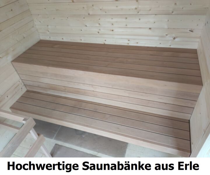 Leil® Saunahaus HALMAR 3 PLUS 300 x228 cm; 40mm Doppelnut; inkl. Terrasse; inkl. Boden